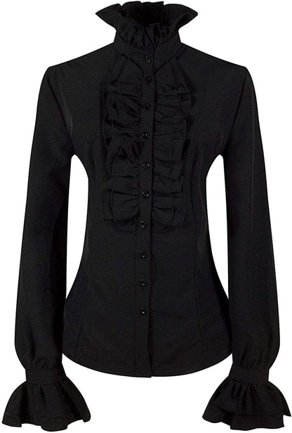 Prettyguide Women'S Victorian Blouse Retro Stand-Up Collar Lotus Ruffle Long Sleeve Gothic Shirt Tops Black / X-Large
