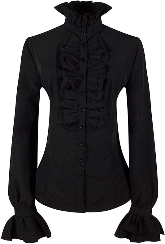 Prettyguide Women'S Victorian Blouse Retro Stand-Up Collar Lotus Ruffle Long Sleeve Gothic Shirt Tops Black / X-Large