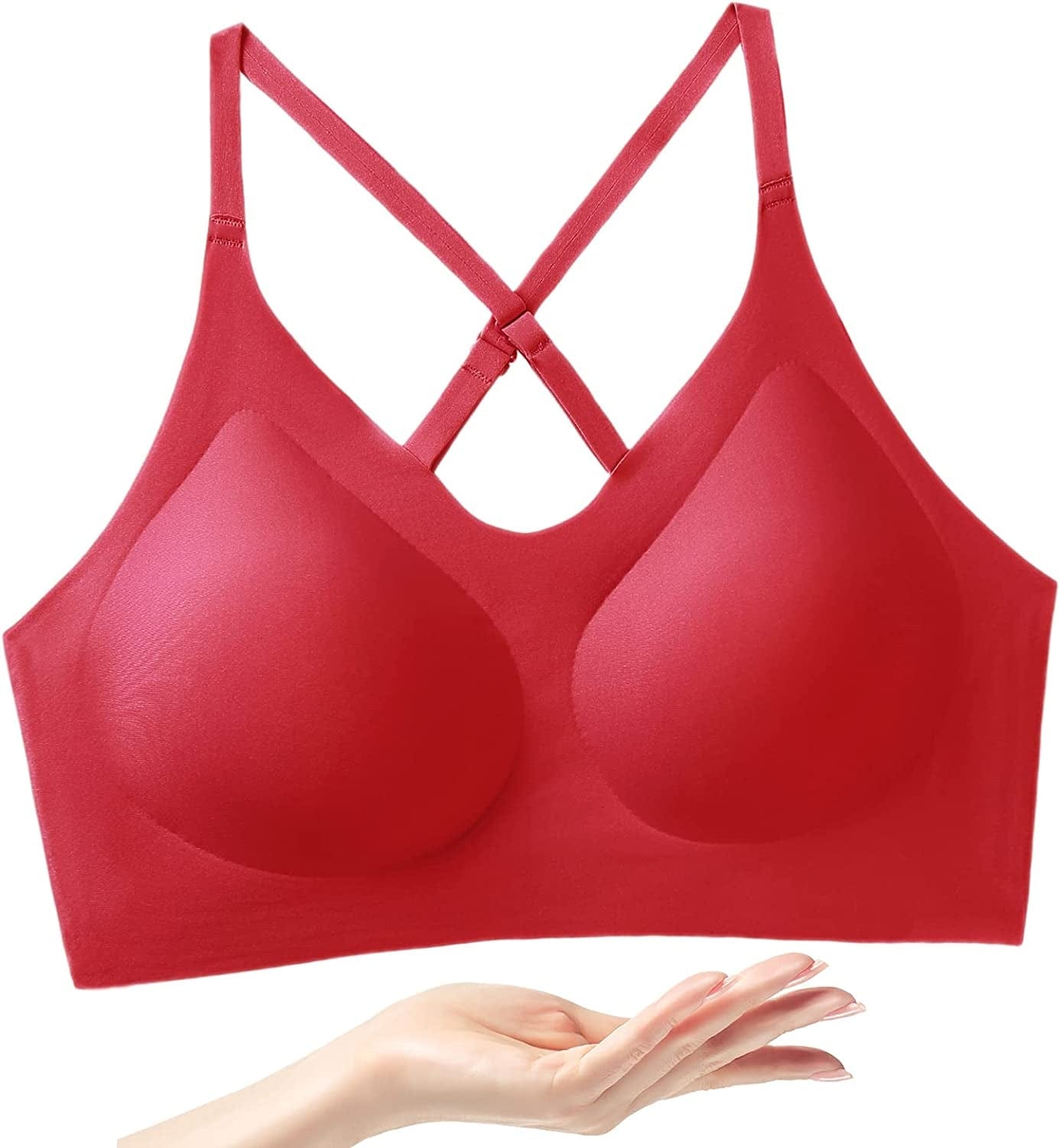PRETTYWELL Bras for Women Comfort Seamless Bra, Cross Back Adjustable Bralette Bra, Wireless Everyday Bras for Women A-C Cup Red / X-Large