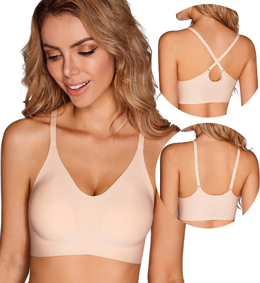 PRETTYWELL Bras for Women Comfort Seamless Bra, Cross Back Adjustable Bralette Bra, Wireless Everyday Bras for Women A-C Cup Nude / Large