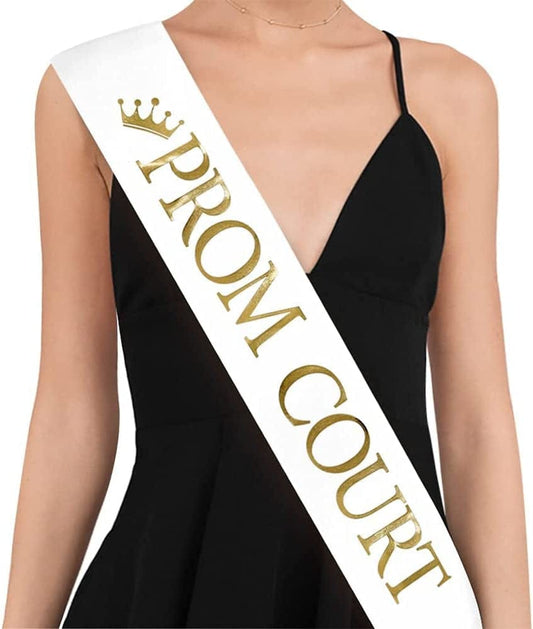 "Prom Court" Sash - Set of 2 - School Dance Graduation Party School Party Accessories, White with Gold Print … Apparel & Accessories > Clothing Accessories > Sashes TTCOROCK 68 Inch (Pack of 2)  