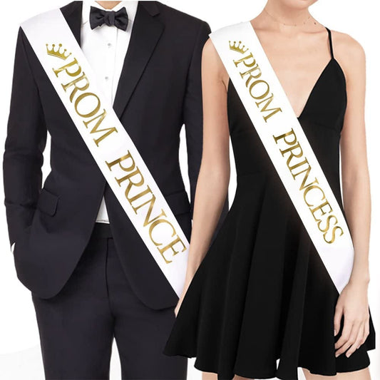 "Prom Prince" And"Prom Princess" Sashes - Graduation Party School Party Accessories, White with Gold Print Apparel & Accessories > Clothing Accessories > Sashes TTCOROCK   