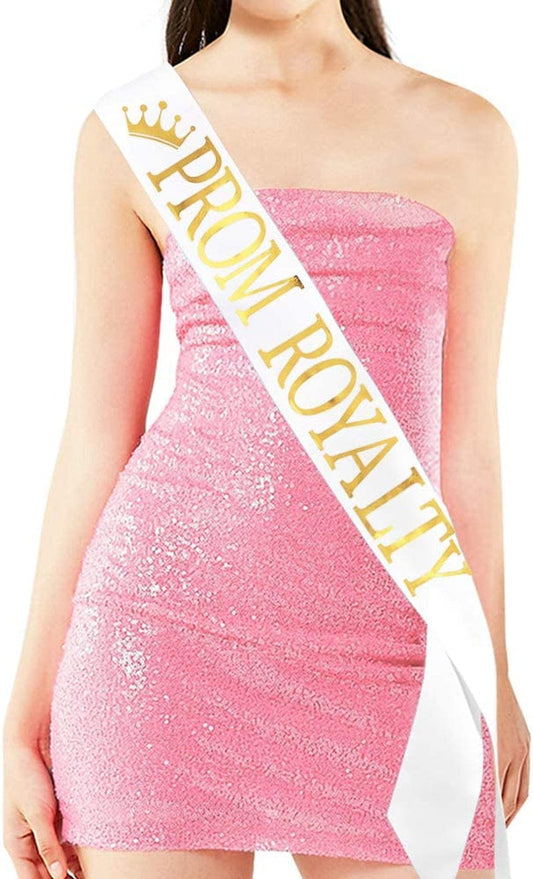 "Prom Royalty" Sash - School Dance Graduation Party School Party Accessories, White with Gold Print Apparel & Accessories > Clothing Accessories > Sashes TTCOROCK   