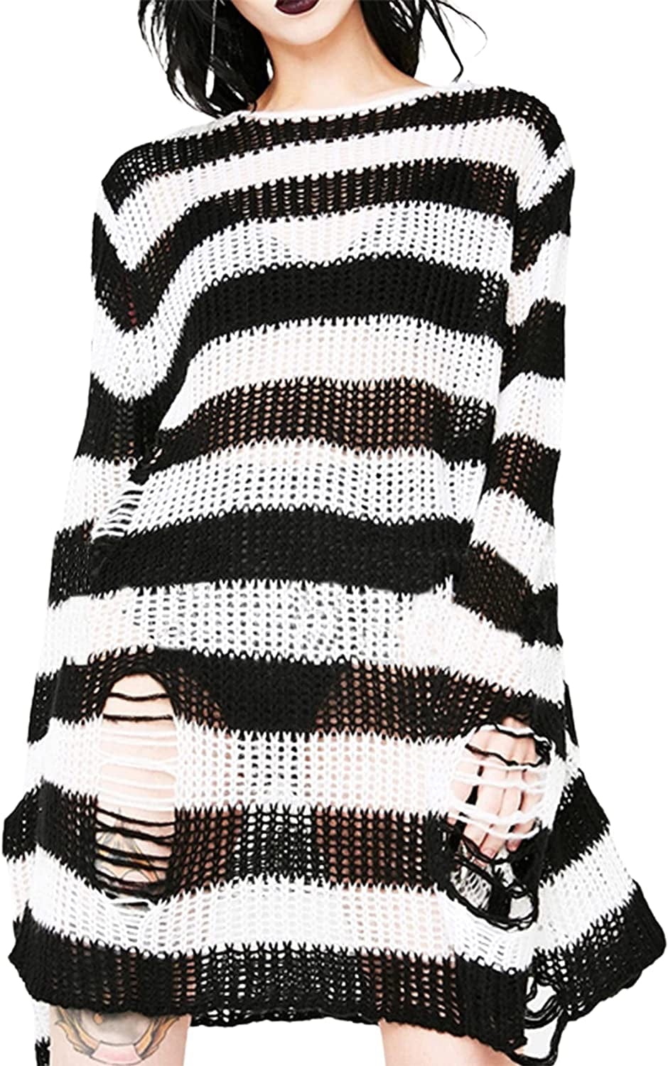Punk Gothic Sweater for Women Men Hollow Out Loose Knit Pullover Tops White / Medium