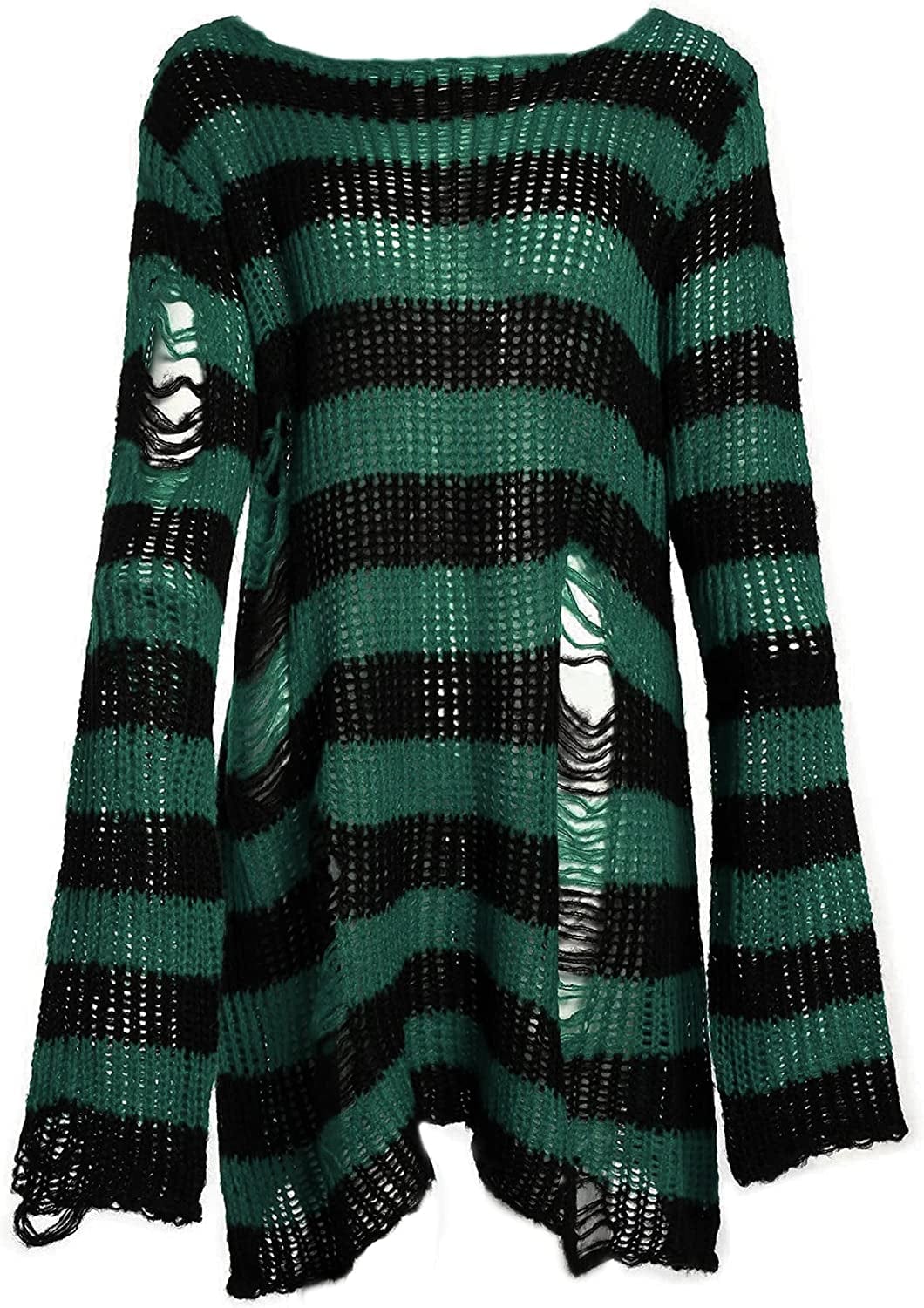 Punk Gothic Sweater for Women Men Hollow Out Loose Knit Pullover Tops Darkgreen / Medium