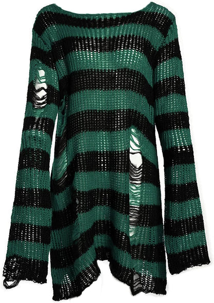 Punk Gothic Sweater for Women Men Hollow Out Loose Knit Pullover Tops Darkgreen / Medium