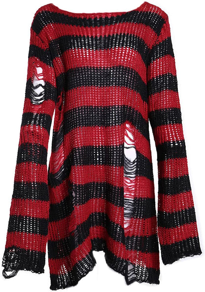 Punk Gothic Sweater for Women Men Hollow Out Loose Knit Pullover Tops Red / Medium