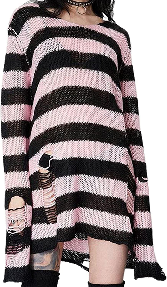Punk Gothic Sweater for Women Men Hollow Out Loose Knit Pullover Tops Pink / Medium