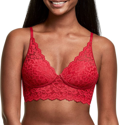 Pure Comfort Lace Bralette, Padded Wireless Bra, Convertible Longline Halter Bralette with Soft Foam Cups Crimson Sunset / 36C