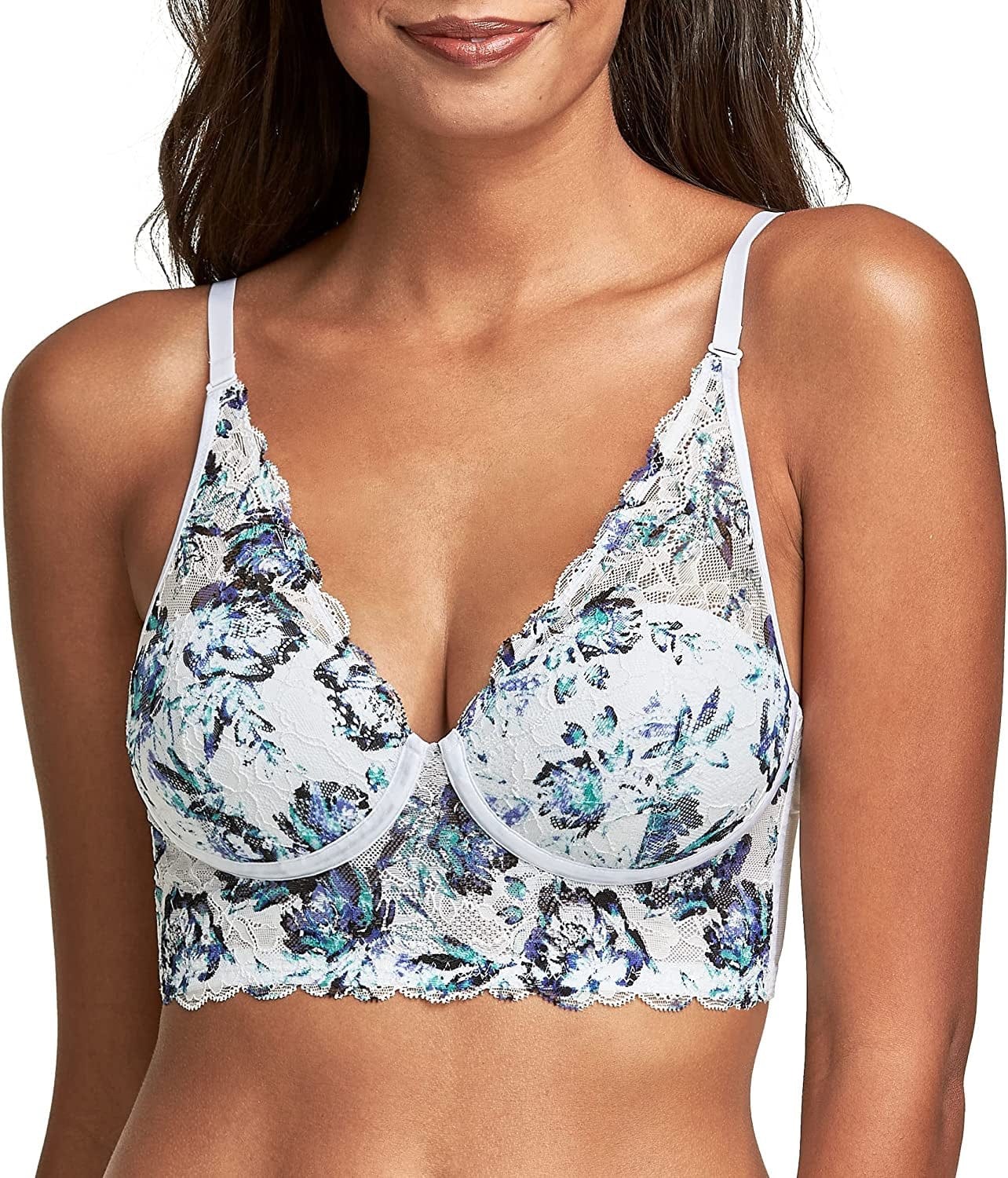 Pure Comfort Lace Bralette, Padded Wireless Bra, Convertible Longline Halter Bralette with Soft Foam Cups Rosy Dusk Print - Teal Zest / 34B