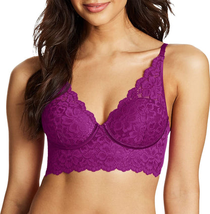 Pure Comfort Lace Bralette, Padded Wireless Bra, Convertible Longline Halter Bralette with Soft Foam Cups Dark Magenta / 34B
