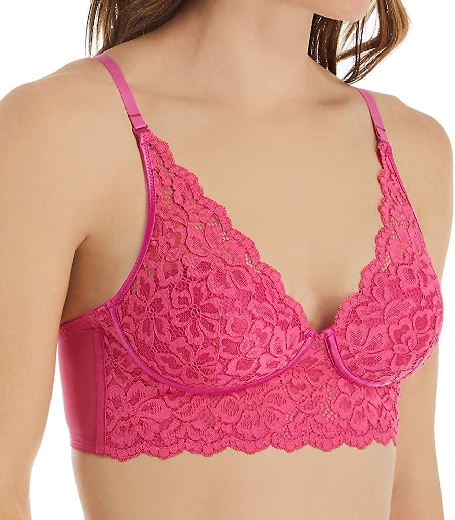Pure Comfort Lace Bralette, Padded Wireless Bra, Convertible Longline Halter Bralette with Soft Foam Cups Peony Parade Pink / 34C