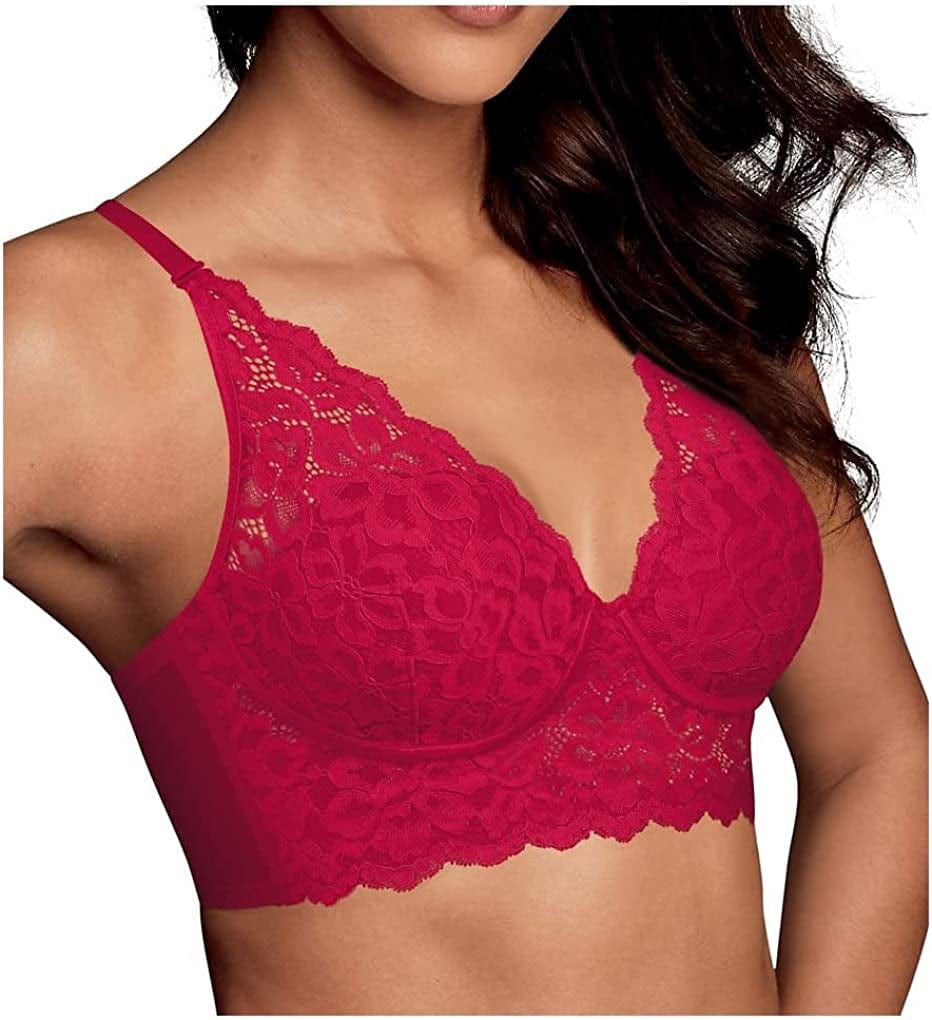 Pure Comfort Lace Bralette, Padded Wireless Bra, Convertible Longline Halter Bralette with Soft Foam Cups Scarlet Berry / 34D