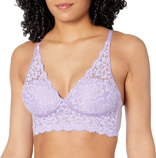 Pure Comfort Lace Bralette, Padded Wireless Bra, Convertible Longline Halter Bralette with Soft Foam Cups Sweetened Lilac / 40D