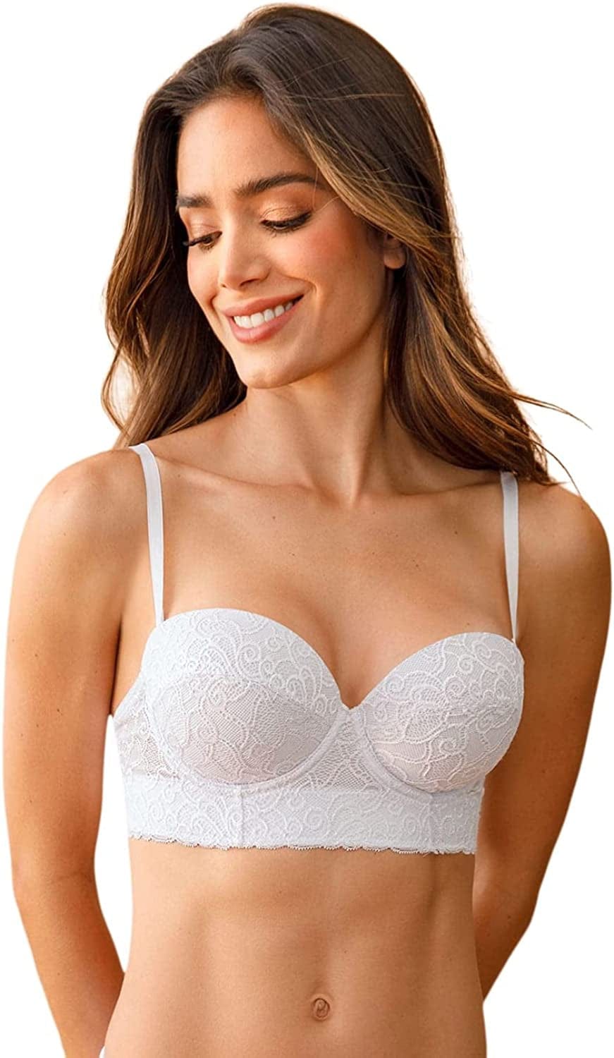 Push up Laced Balconette Bras for Women with Contour Cups & Wide Underbust Band White / 36B