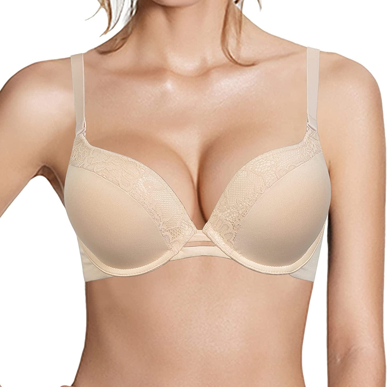 Push up Thick Padded Plunge Underwire T Shirt Lace Bra Lift Support for Women Add One Cup Nude Bra / 44A