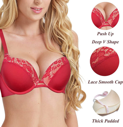 Push up Thick Padded Plunge Underwire T Shirt Lace Bra Lift Support for Women Add One Cup