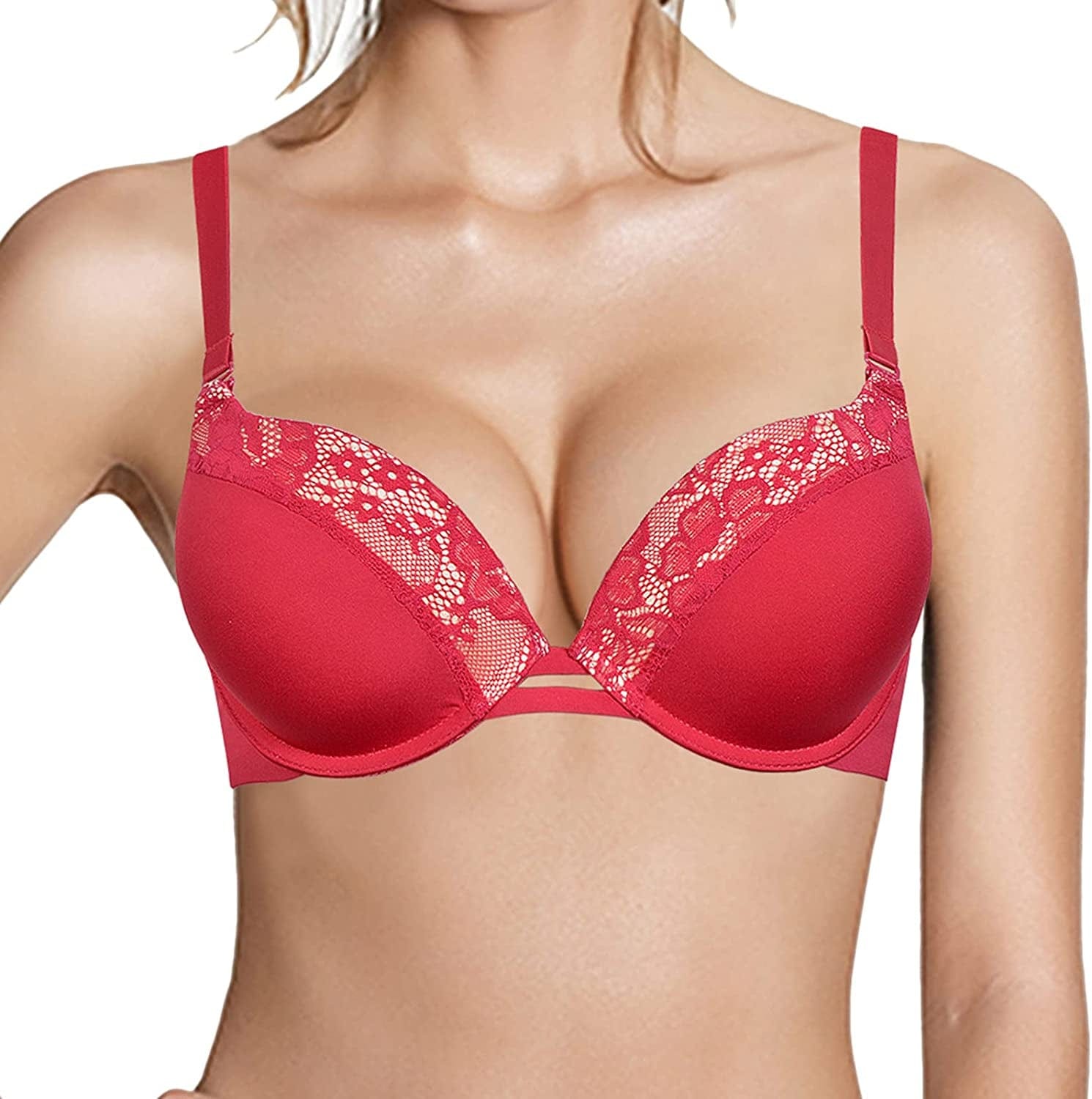 Push up Thick Padded Plunge Underwire T Shirt Lace Bra Lift Support for Women Add One Cup Red Bra / 38A