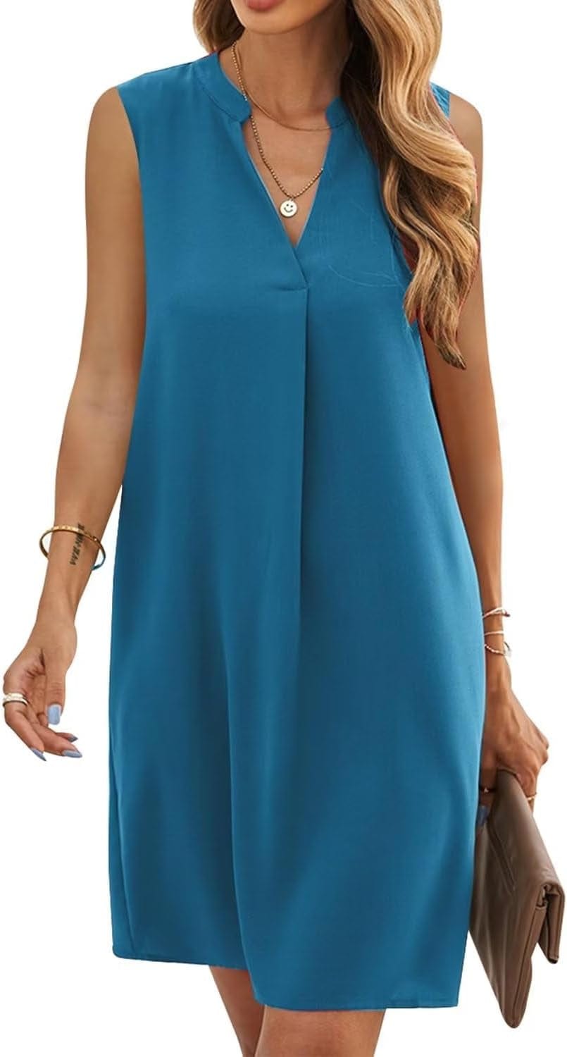 QACOHU Womens V-Neck Sleeveless Simple Solid Color Casual Summer Tanks Dress S-2XL A-Navy Blue / Large