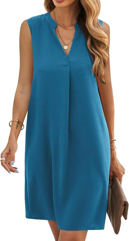 QACOHU Womens V-Neck Sleeveless Simple Solid Color Casual Summer Tanks Dress S-2XL A-Navy Blue / Large