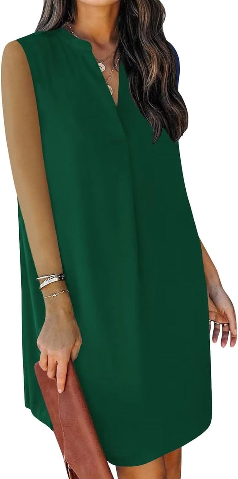 QACOHU Womens V-Neck Sleeveless Simple Solid Color Casual Summer Tanks Dress S-2XL A-Dark Green / Small