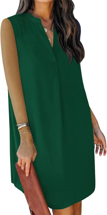QACOHU Womens V-Neck Sleeveless Simple Solid Color Casual Summer Tanks Dress S-2XL A-Dark Green / Small