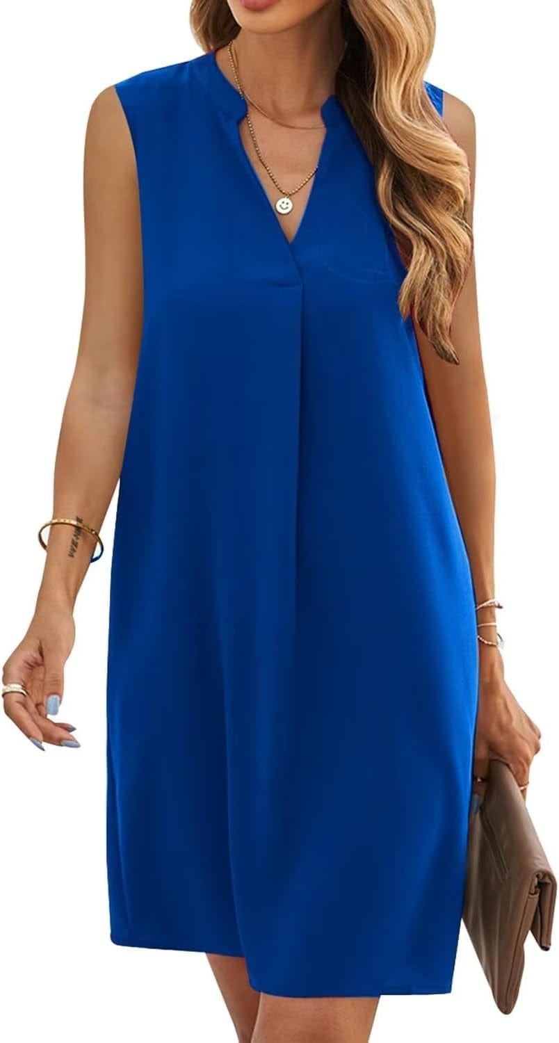 QACOHU Womens V-Neck Sleeveless Simple Solid Color Casual Summer Tanks Dress S-2XL A-Royal Blue / Small