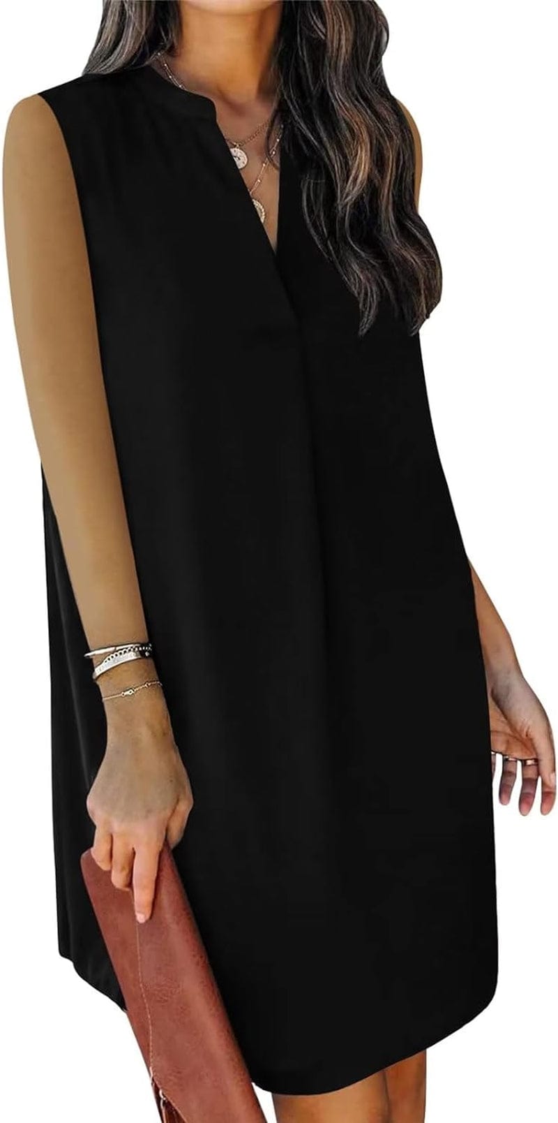 QACOHU Womens V-Neck Sleeveless Simple Solid Color Casual Summer Tanks Dress S-2XL A-Black / Small