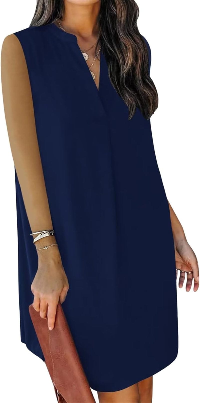 QACOHU Womens V-Neck Sleeveless Simple Solid Color Casual Summer Tanks Dress S-2XL 0A-Blue / Small