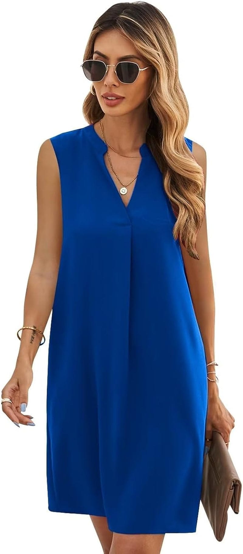 QACOHU Womens V-Neck Sleeveless Simple Solid Color Casual Summer Tanks Dress S-2XL