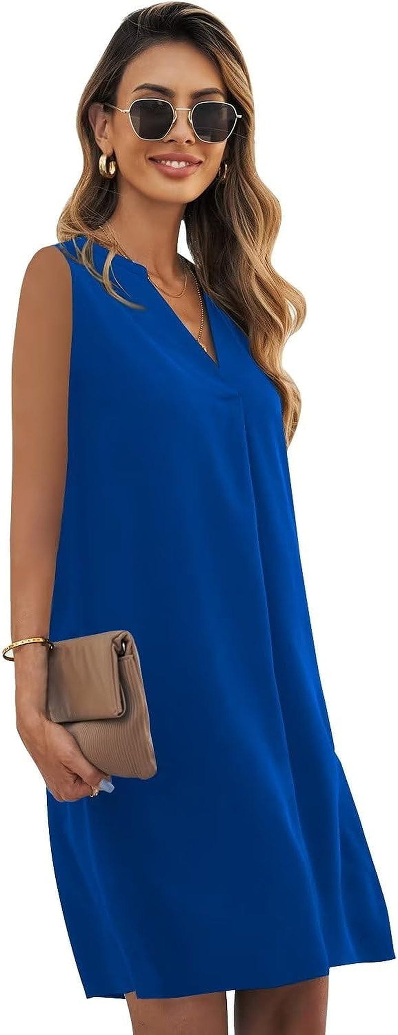 QACOHU Womens V-Neck Sleeveless Simple Solid Color Casual Summer Tanks Dress S-2XL