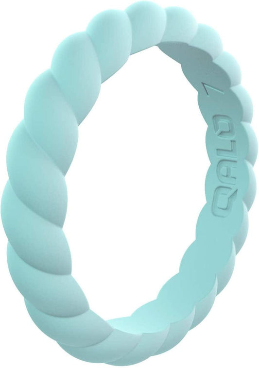 QALO Women'S Stackable Silicone Ring, Aquamarine Blue, Twist, Size 7