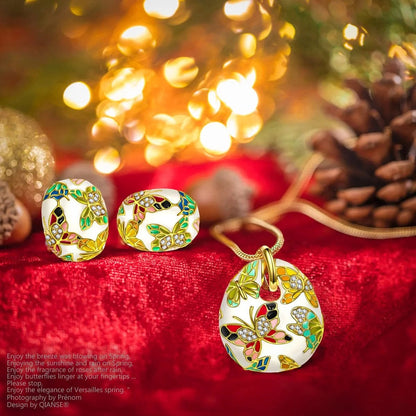 QIANSE "Spring of Versailles" Jewelry Set Gifts for Women, Enamel Butterfly Necklace and Earrings Set, Packaged with Jewelry Box, Christmas Birthday Gifts for Women A_Colorful Butterfly