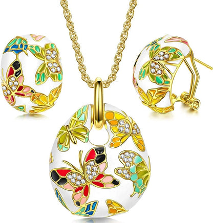 QIANSE "Spring of Versailles" Jewelry Set Gifts for Women, Enamel Butterfly Necklace and Earrings Set, Packaged with Jewelry Box, Christmas Birthday Gifts for Women A_Colorful Butterfly