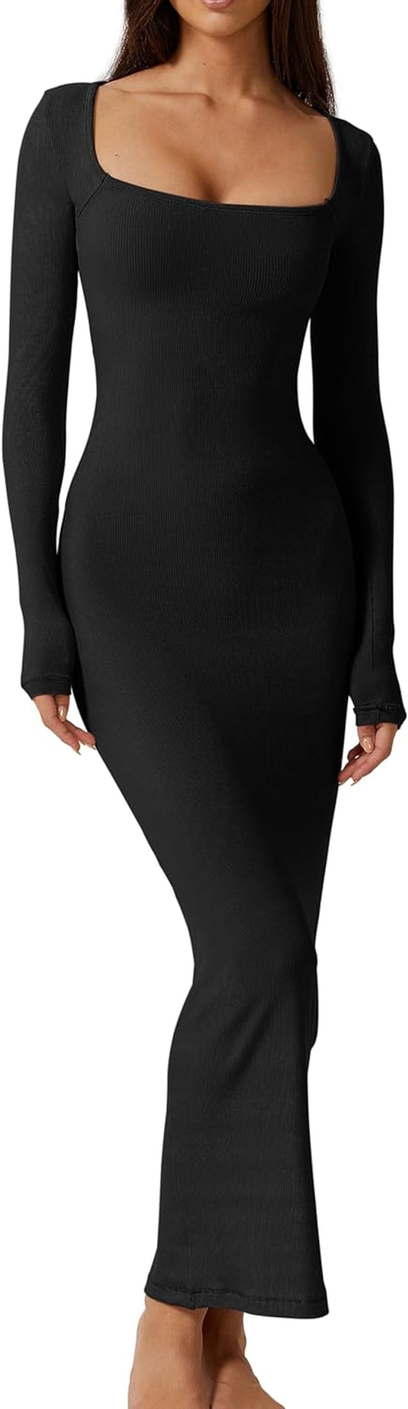 QINSEN Women'S Long Maxi Dress Square Neck Long Sleeve Ribbed Bodycon Lounge Dresses Black / X-Large