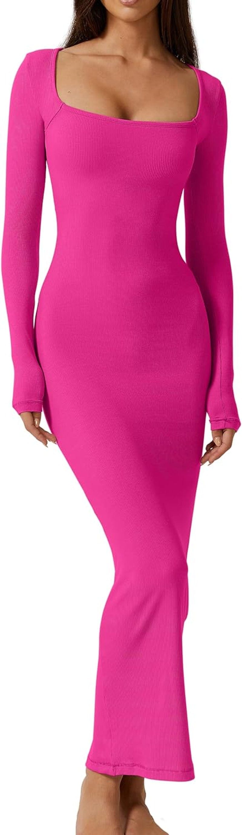 QINSEN Women'S Long Maxi Dress Square Neck Long Sleeve Ribbed Bodycon Lounge Dresses Azalea Pink / Small