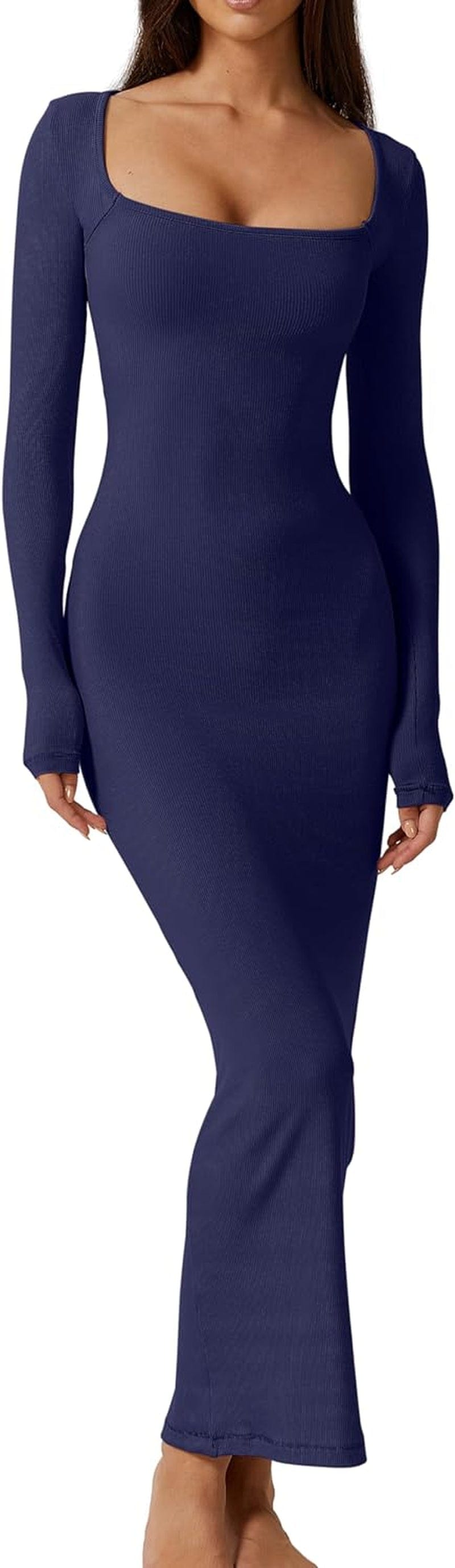QINSEN Women'S Long Maxi Dress Square Neck Long Sleeve Ribbed Bodycon Lounge Dresses Navy Blue / X-Large