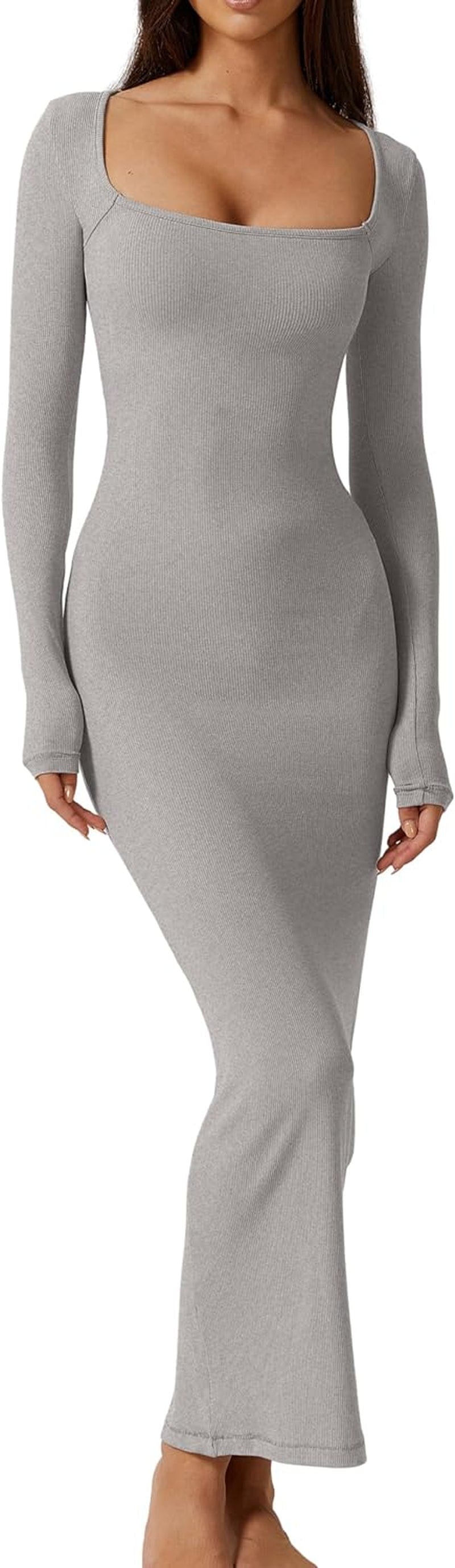 QINSEN Women'S Long Maxi Dress Square Neck Long Sleeve Ribbed Bodycon Lounge Dresses Grey / X-Large
