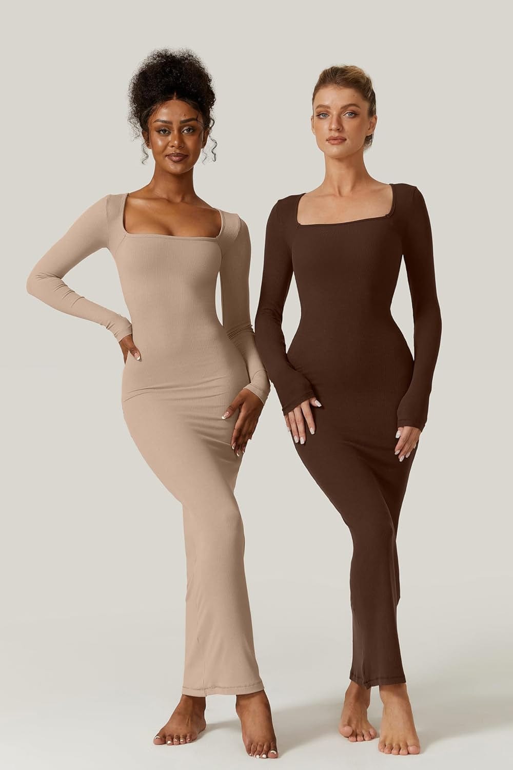QINSEN Women'S Long Maxi Dress Square Neck Long Sleeve Ribbed Bodycon Lounge Dresses