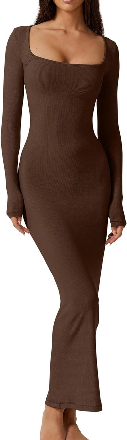QINSEN Women'S Long Maxi Dress Square Neck Long Sleeve Ribbed Bodycon Lounge Dresses
