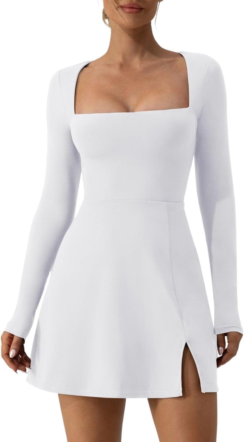 QINSEN Womens Square Neck Bodice Dress Long Sleeve Side Slit Flare Mini Dresses White / Medium