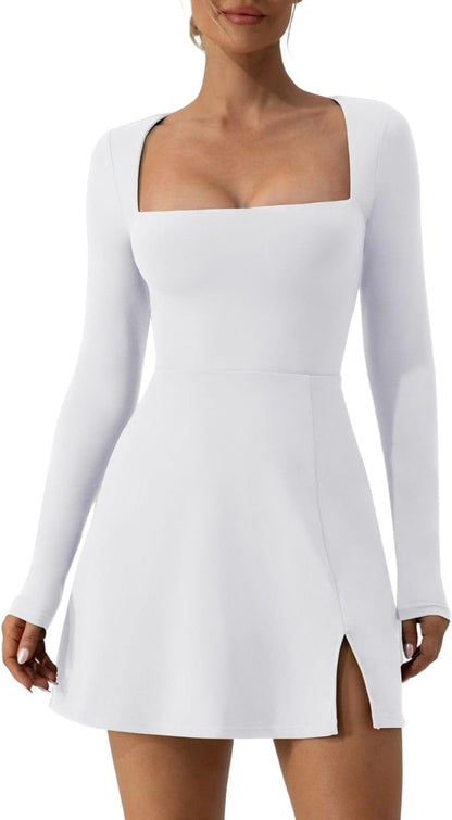 QINSEN Womens Square Neck Bodice Dress Long Sleeve Side Slit Flare Mini Dresses White / Medium