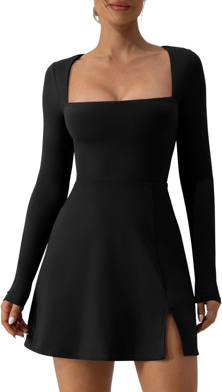 QINSEN Womens Square Neck Bodice Dress Long Sleeve Side Slit Flare Mini Dresses Black / Medium