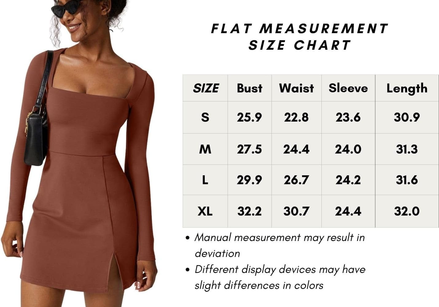 QINSEN Womens Square Neck Bodice Dress Long Sleeve Side Slit Flare Mini Dresses