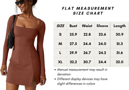 QINSEN Womens Square Neck Bodice Dress Long Sleeve Side Slit Flare Mini Dresses