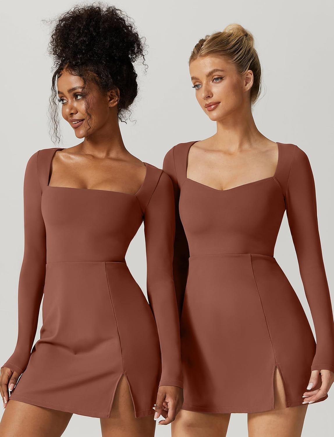 QINSEN Womens Square Neck Bodice Dress Long Sleeve Side Slit Flare Mini Dresses