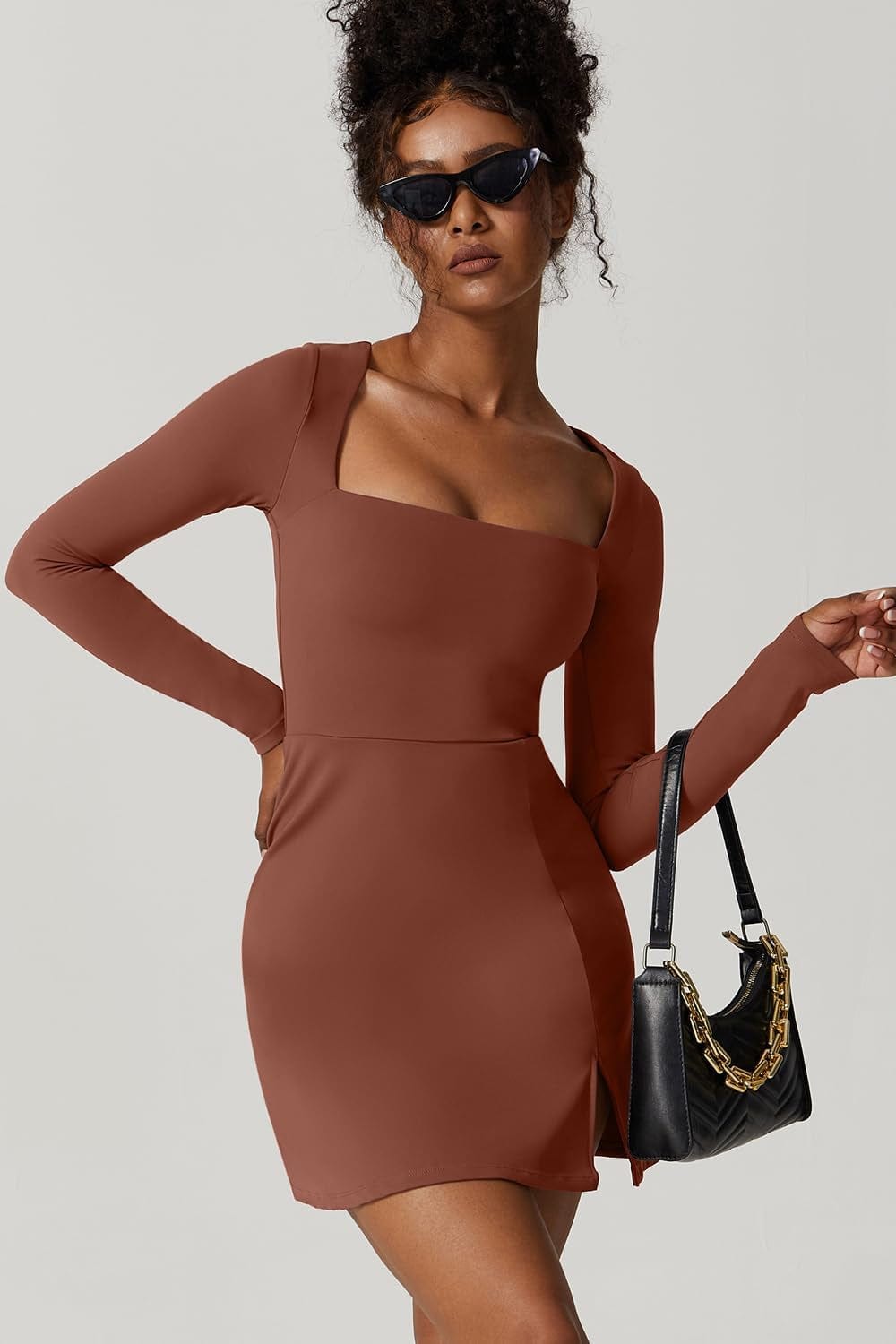 QINSEN Womens Square Neck Bodice Dress Long Sleeve Side Slit Flare Mini Dresses