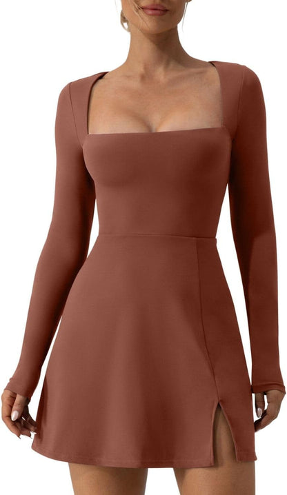 QINSEN Womens Square Neck Bodice Dress Long Sleeve Side Slit Flare Mini Dresses