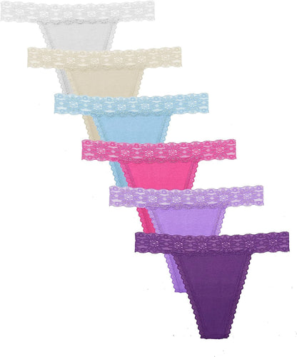 QOENDN Womens Thong Cotton Sexy Lace Panties Pack Cheeky Seamless See through Hollow Out T Back Underwear plus Size 6 Pcs Light Colors Cotton Thong / X-Large