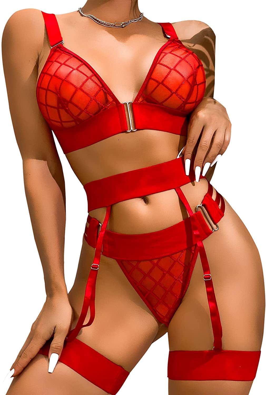 Queenfox Lingerie Set for Women 5 Piece V Neck Fishnet Mesh Lace Cut Out Bra and Panty Set with Garter Belt Red / Small